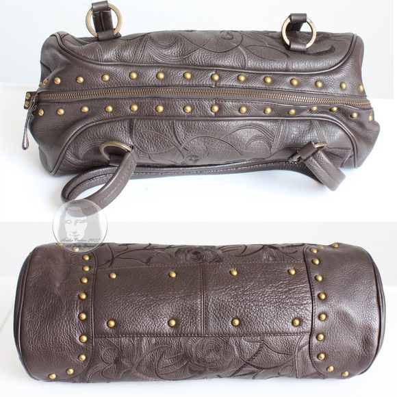 Sondra Roberts Bag Satchel Brown Leather Floral Embossed Studs - Picture 8 of 10